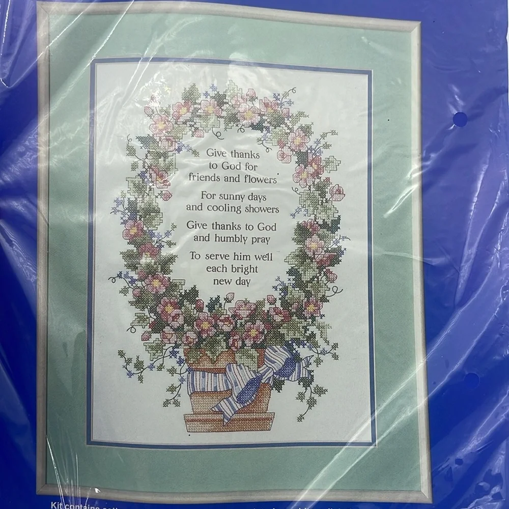 J & P Coats Stamped Cross Stitch Kit Give Thanks Religious 12 x 16 NEW